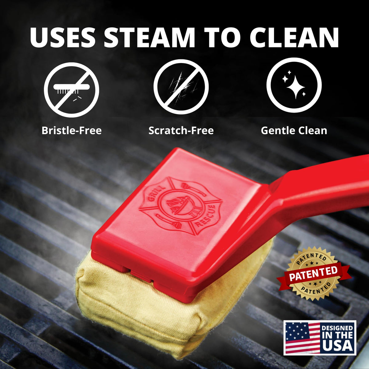 Grill Rescue steam-cleaning action lifts grease from a hot grill.