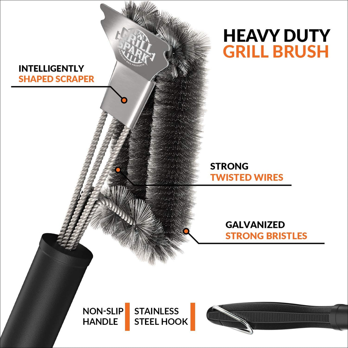 Grill Spark stainless steel scraper end removes stubborn residue