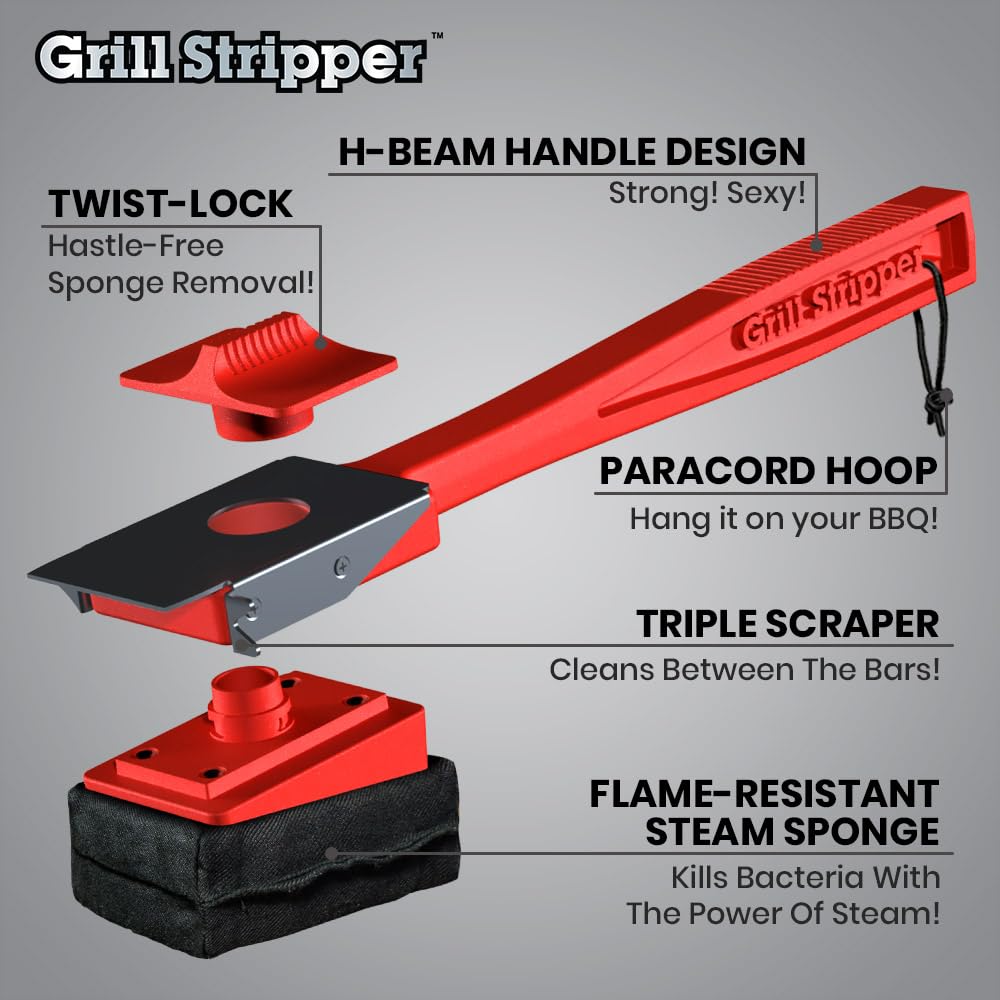 Grill Stripper triple-scraper on-top-and-side cleans tops and sides