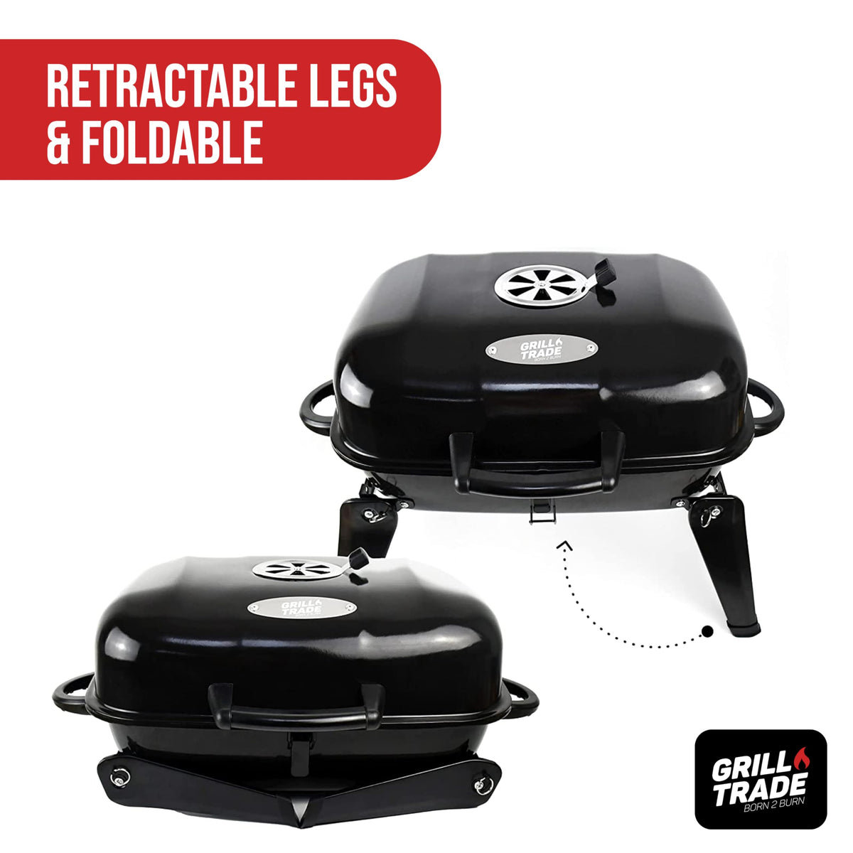 Grill Trade compact charcoal grill fits small spaces like patios and campsites.
