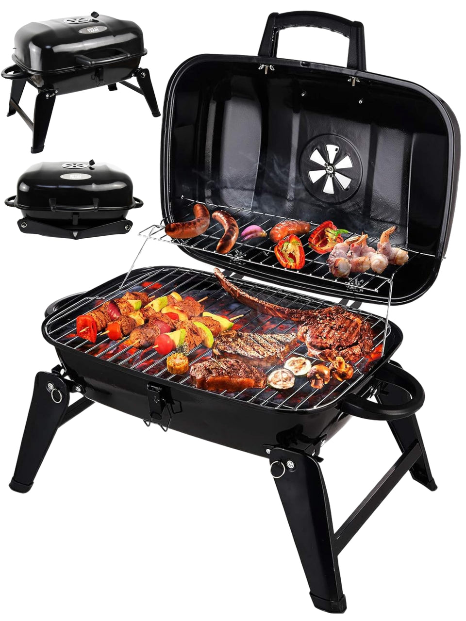 Grill Trade portable charcoal grill folded compactly for easy storage and transport.