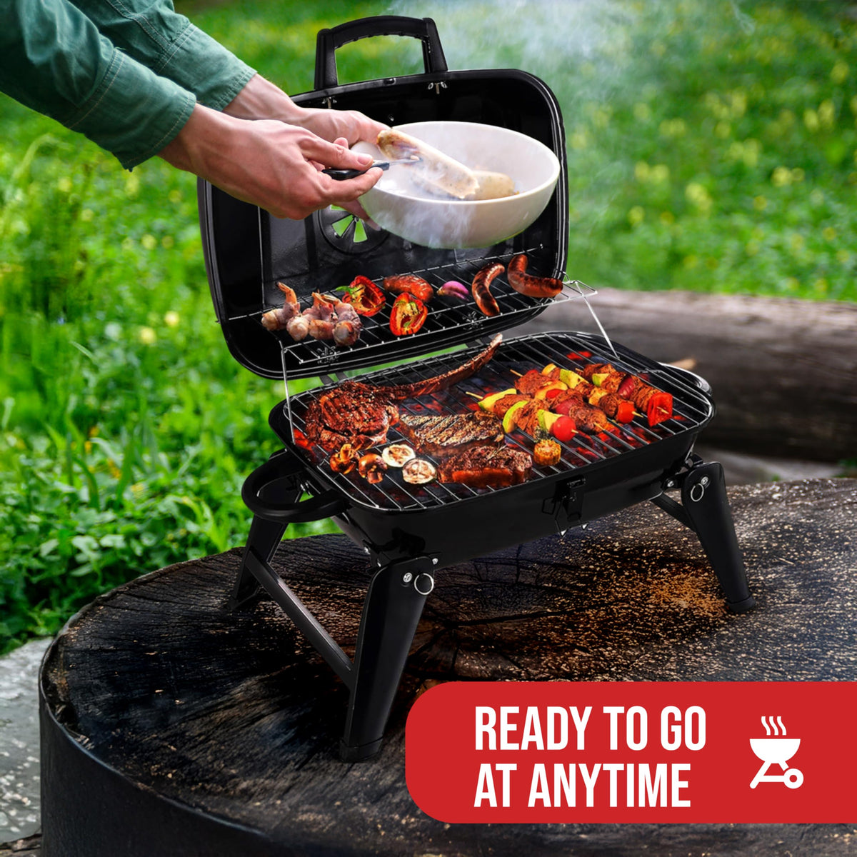 Grill Trade portable charcoal grill table-top setup ready for quick outdoor meals.