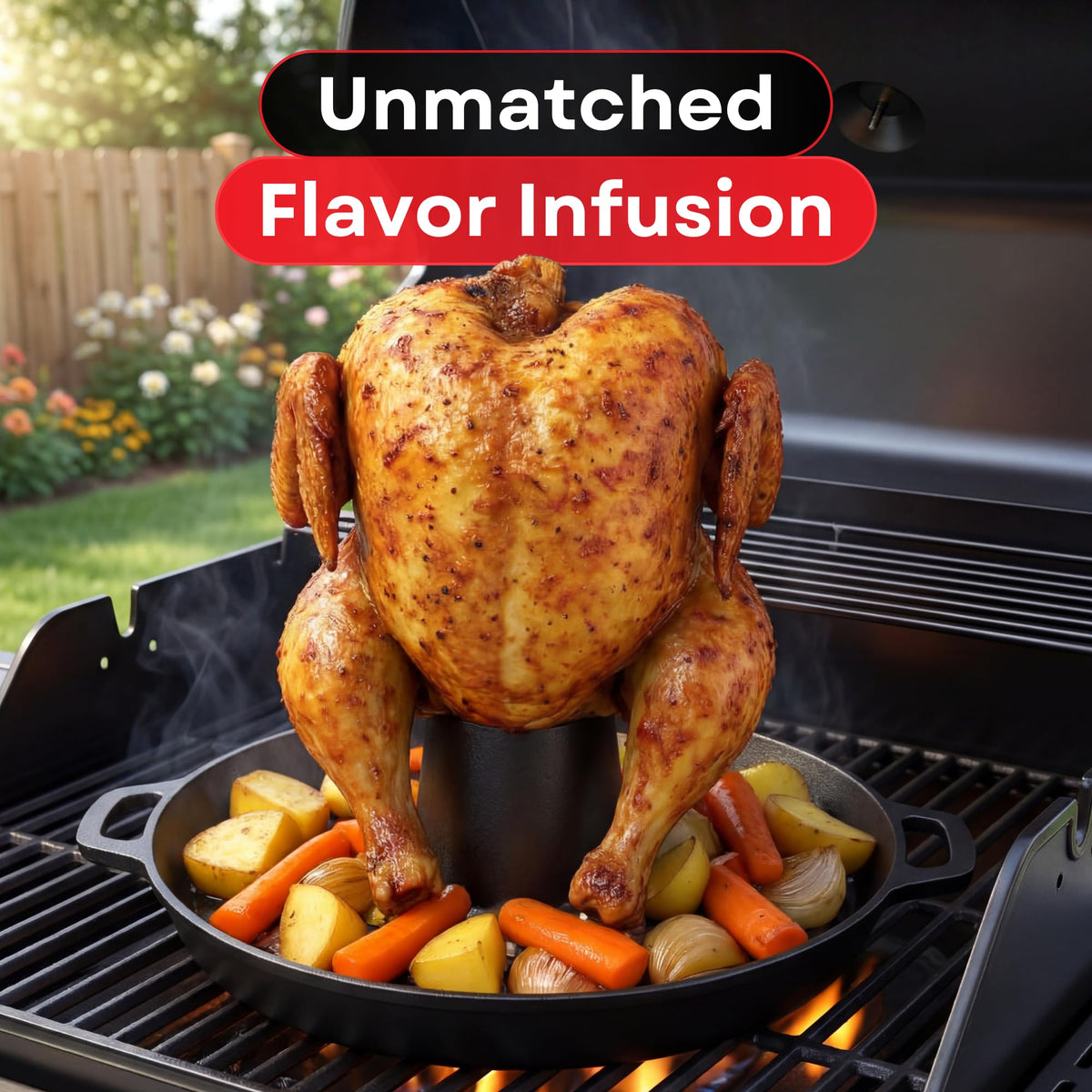 Grill 4U beer can roasting setup for inside-out poultry cooking.