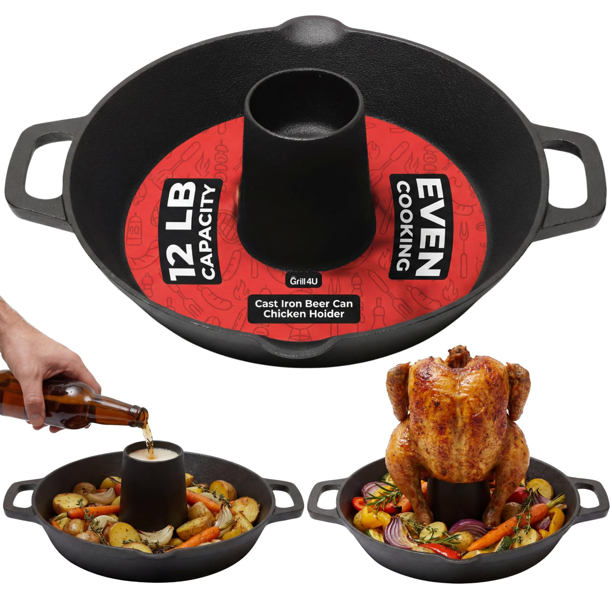 Grill 4U cast iron vertical chicken roaster with even heat for crispy skin.