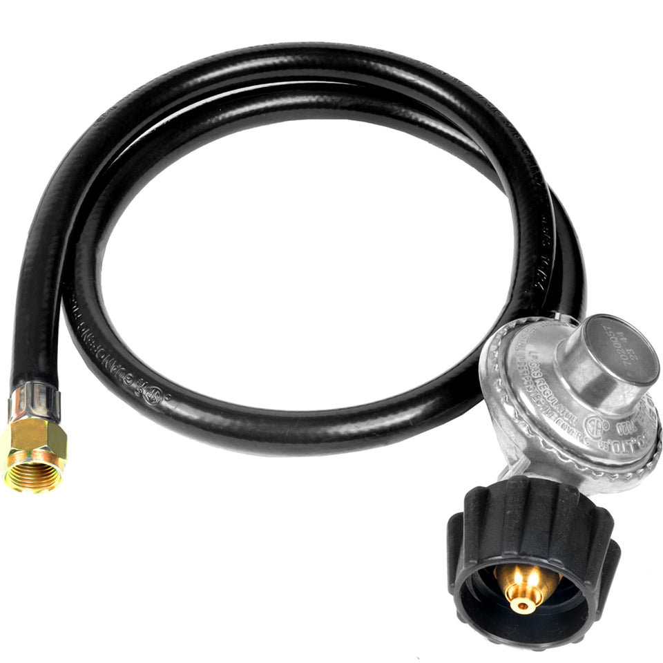 GrillAce regulator hose for Weber compatibility with a 2ft reach for quick backyard setups.