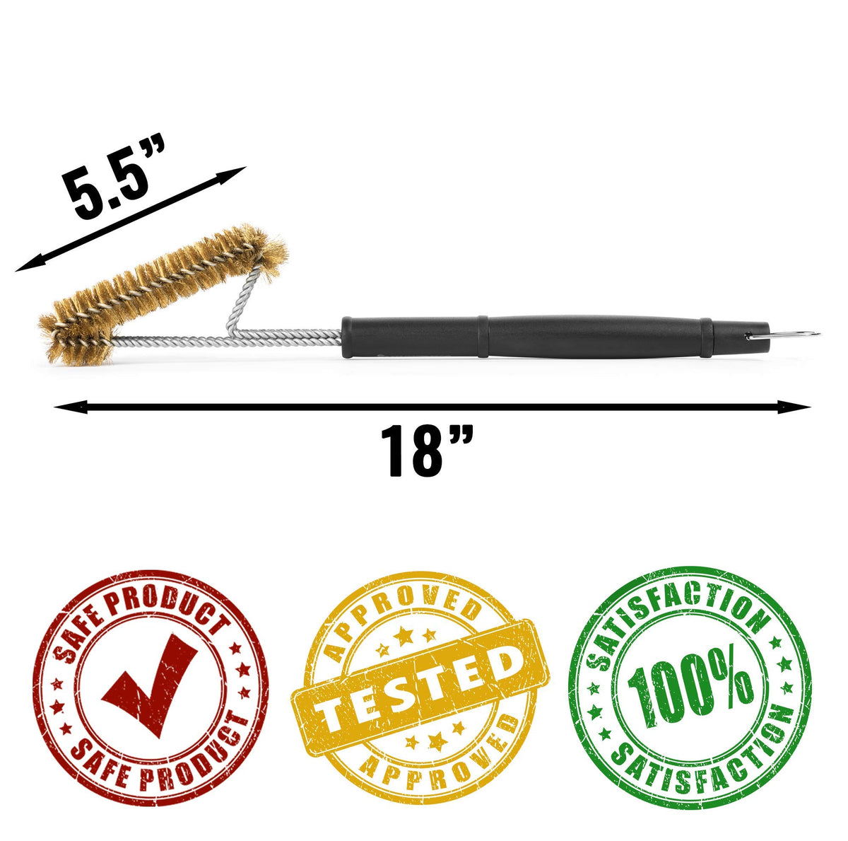 Grillaholics brass grill brush with durable bristles powers through residue.