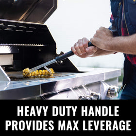 Grillaholics brass grill brush scraping burnt-on food from various grill types.