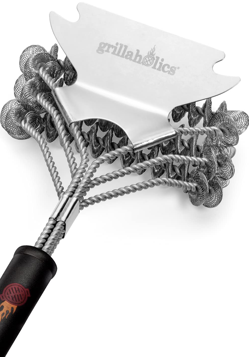 Grillaholics bristle-free grill brush with scraper cleans grill grates safely.