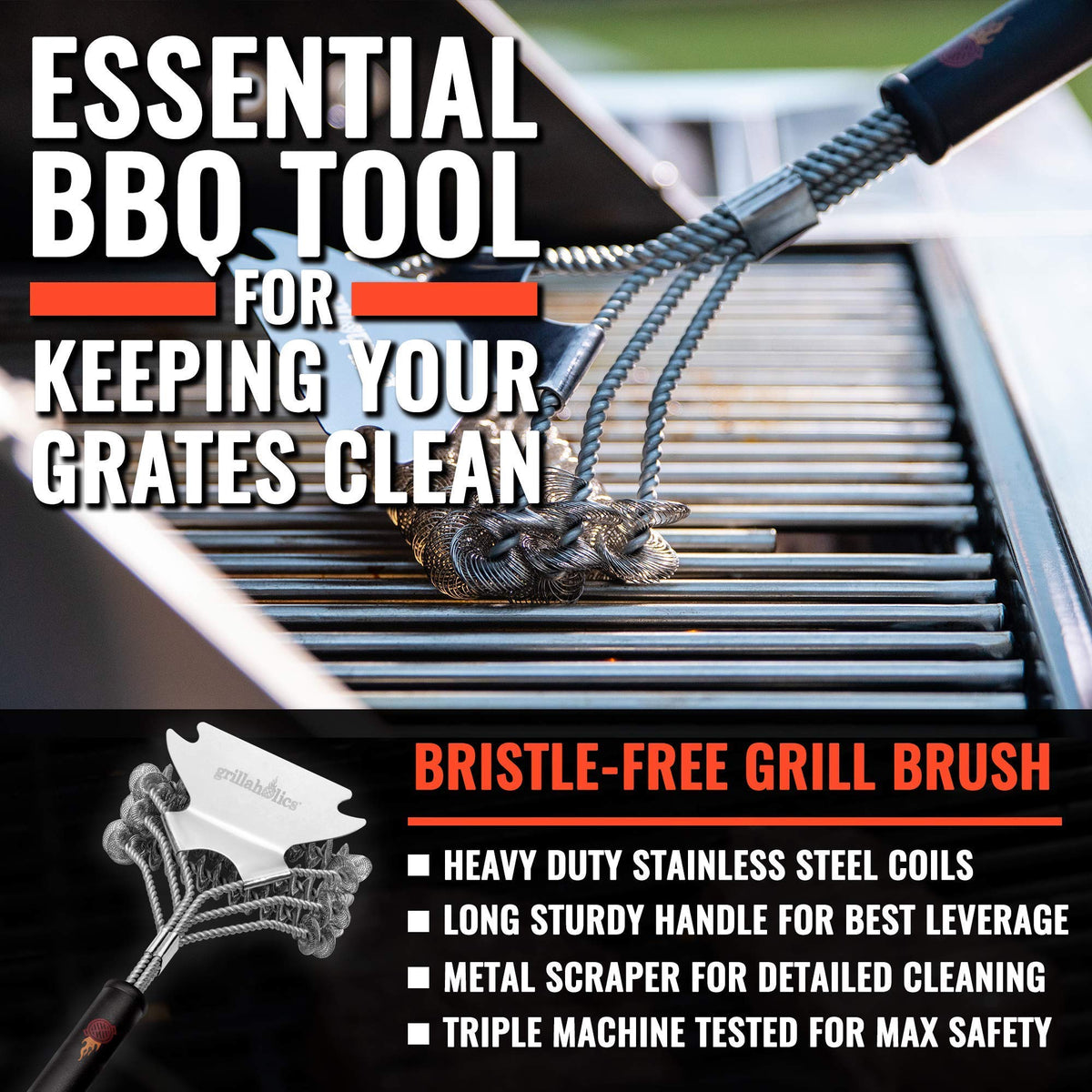 Grillaholics built-in scraper grill cleaner for quick, thorough grate cleaning.