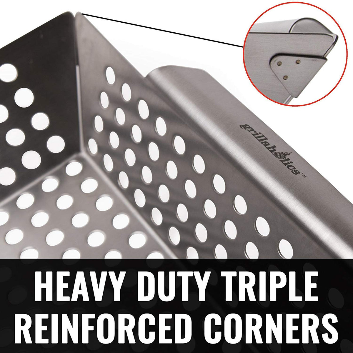 Grillaholics grill basket on grill with dishwasher-safe easy-clean design