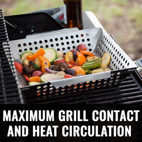 Grillaholics grill basket loaded with veggies and kebabs for even cooking