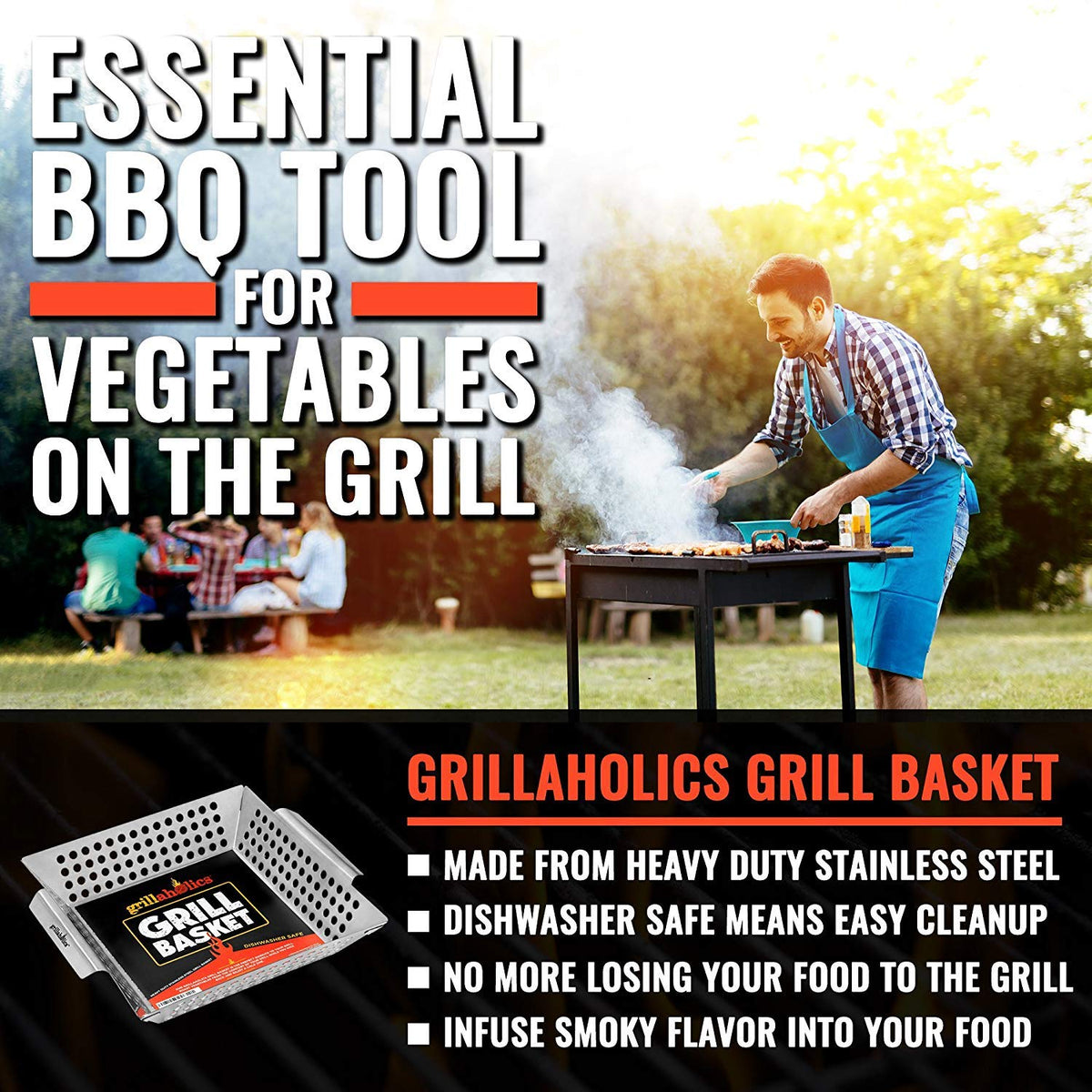Grillaholics grill basket in heavy-duty thick-gauge stainless steel for lasting grilling