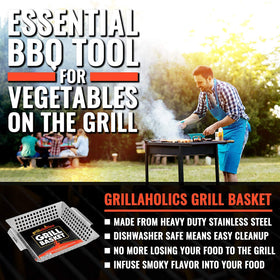 Grillaholics grill basket in heavy-duty thick-gauge stainless steel for lasting grilling