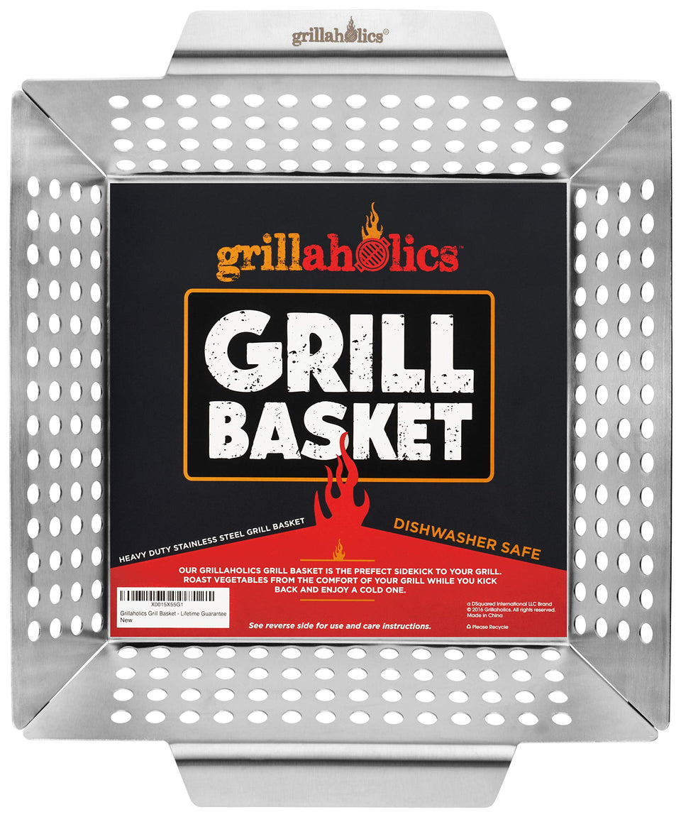 Grillaholics grill basket on grill showing extra large surface for veggies