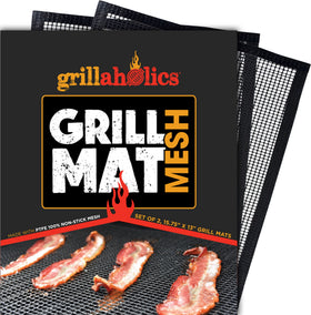 Grillaholics mesh grill mat on a grill provides non-stick cooking and easy food release