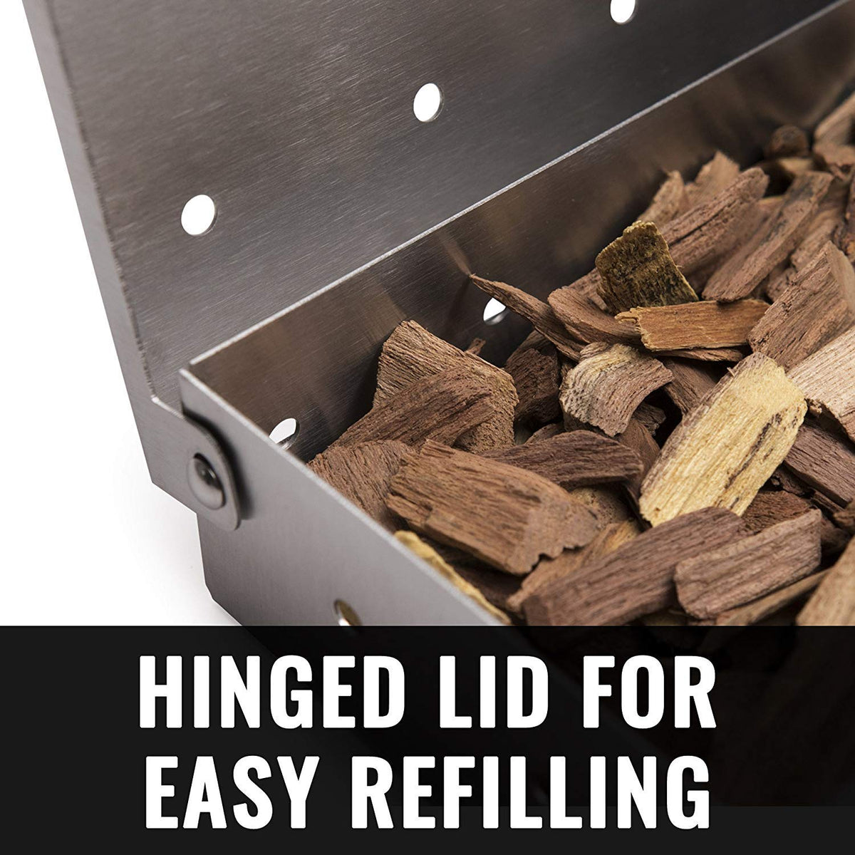 Grillaholics smoker box fits gas and charcoal grills for versatile grilling.