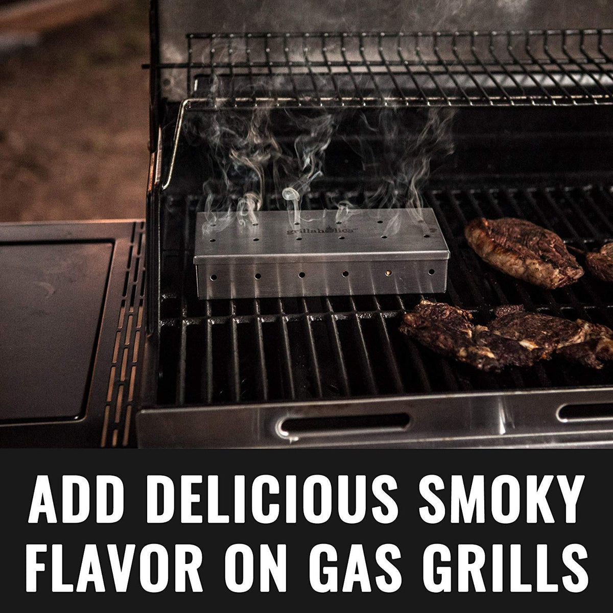 Grillaholics smoker box hinged lid for easy chip reloading.