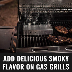Grillaholics smoker box hinged lid for easy chip reloading.