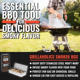 Grillaholics smoker box over charcoal grill showcasing even wood flavor infusion.