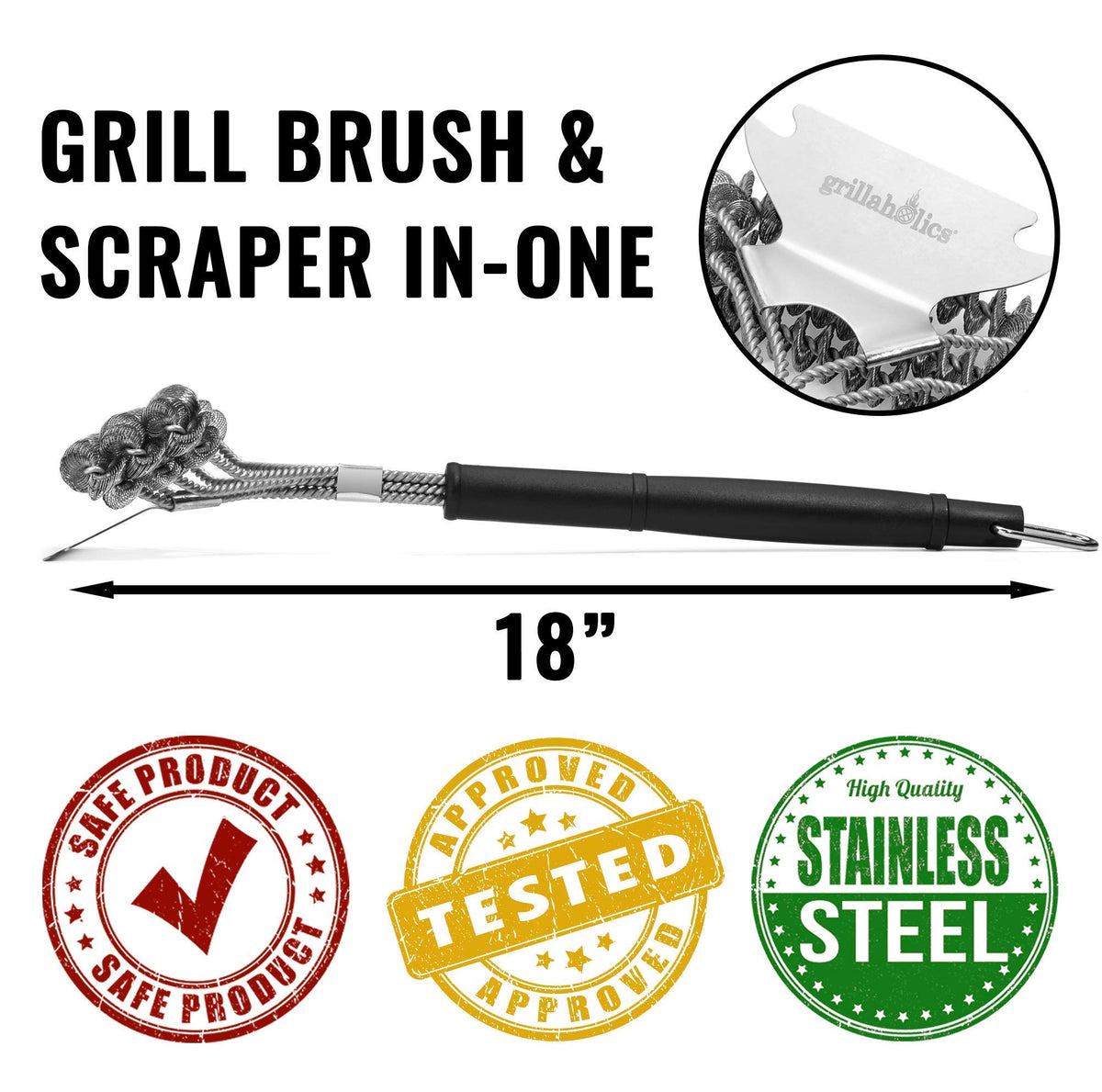 Grillaholics triple-helix wire brush design for powerful, bristle-free cleaning.