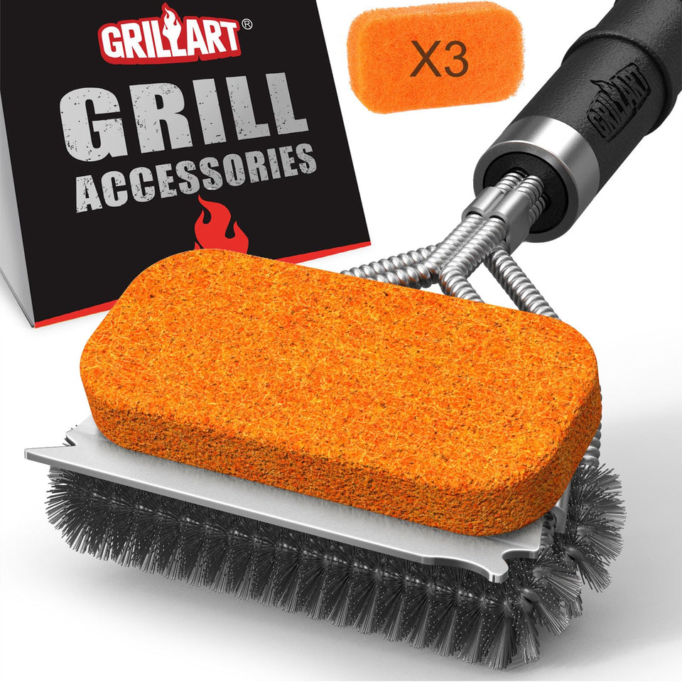 GRILLART 18in grill brush with wire head for deep cleaning grills.