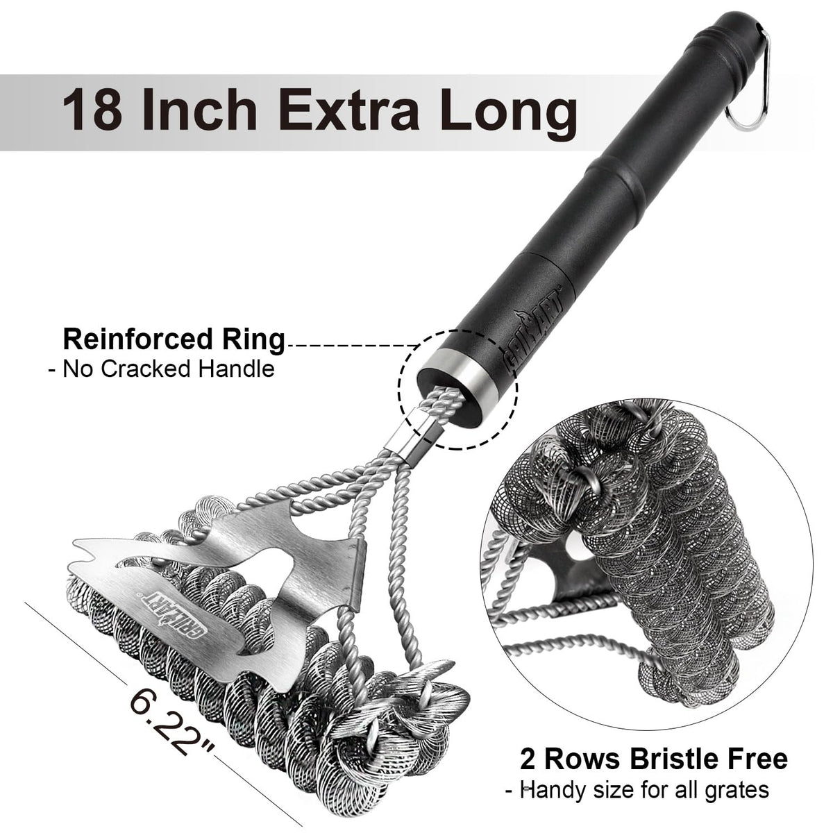18-inch long handle for heat-safe, comfortable grip