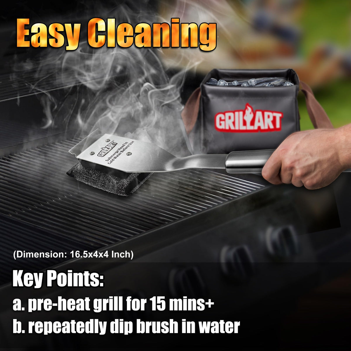 GRILLART angled handle design offers comfortable leverage during scrubbing.