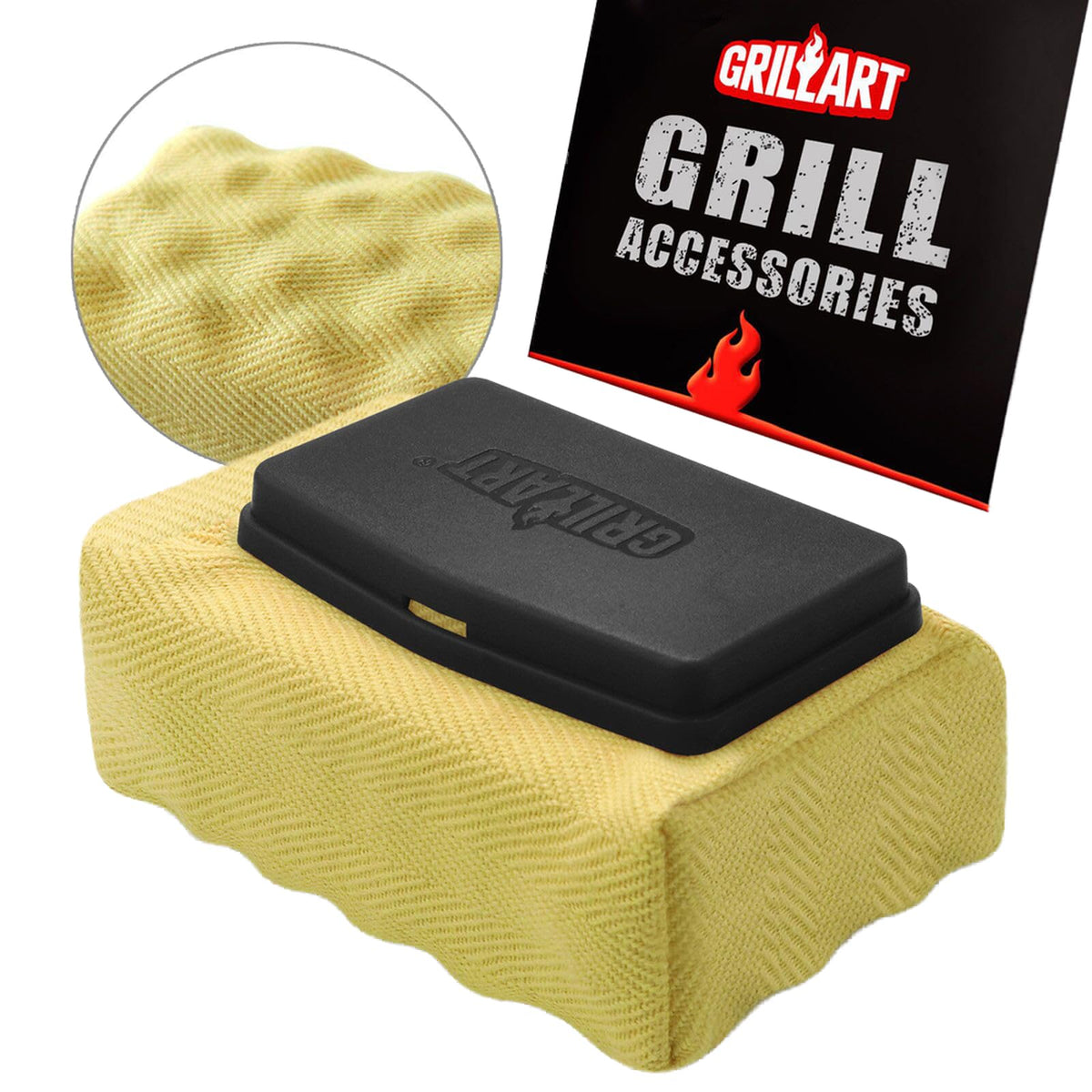 GRILLART bristle-free BBQ cleaning head close-up demonstrates safe, effective grime removal