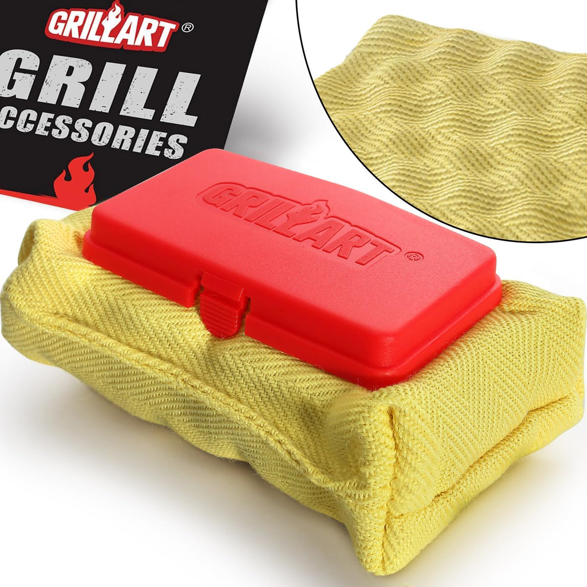 GRILLART bristle-free cleaning pad in red for safe residue removal on grills