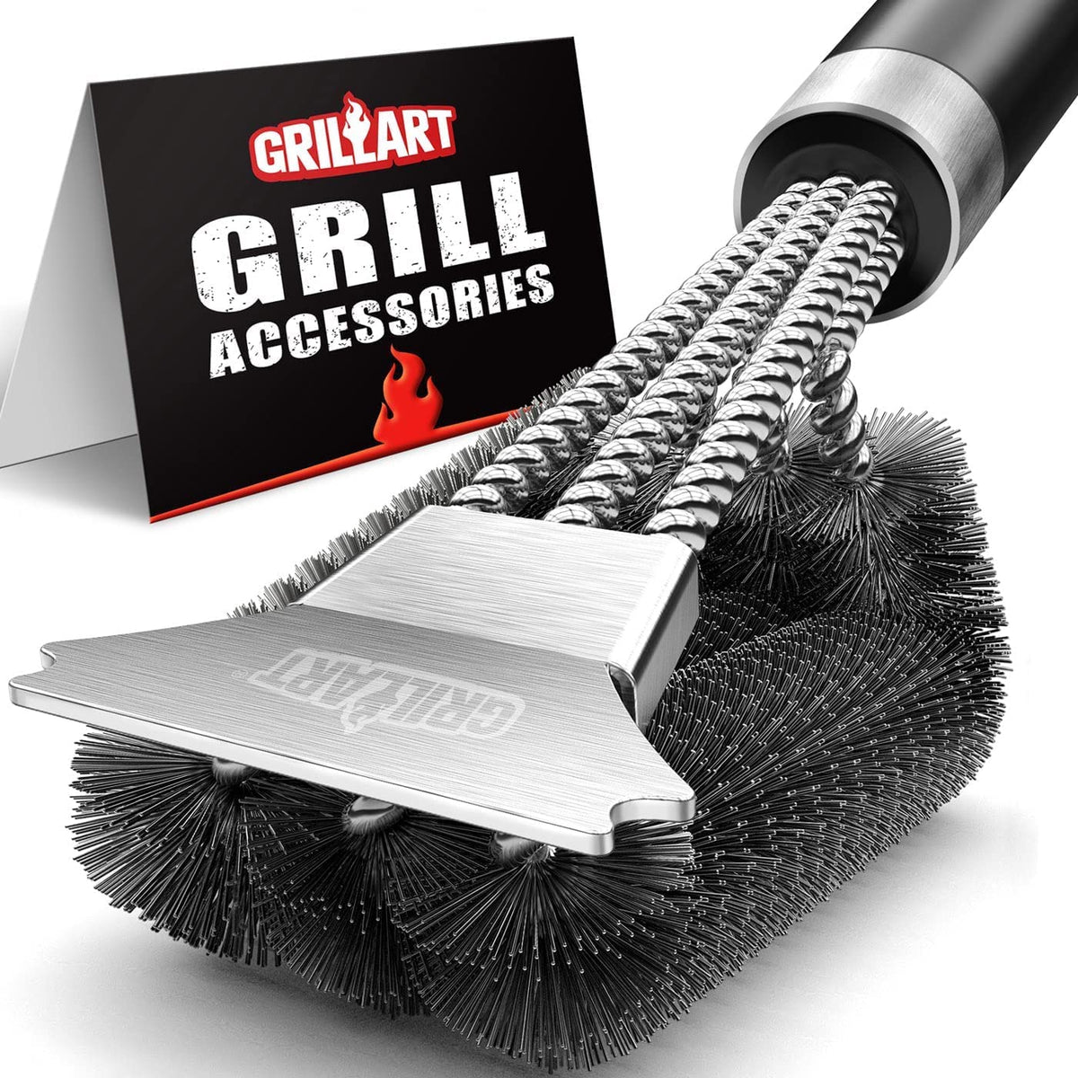 GRILLART brush-scraper with deluxe handle for thorough 360° grill cleaning