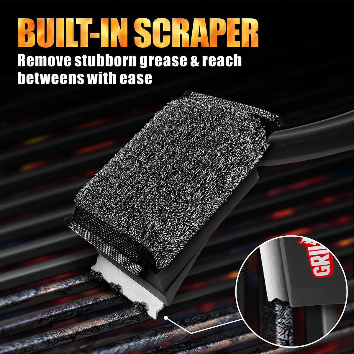 GRILLART built-in scraper in action pre-cleans heavy grease.