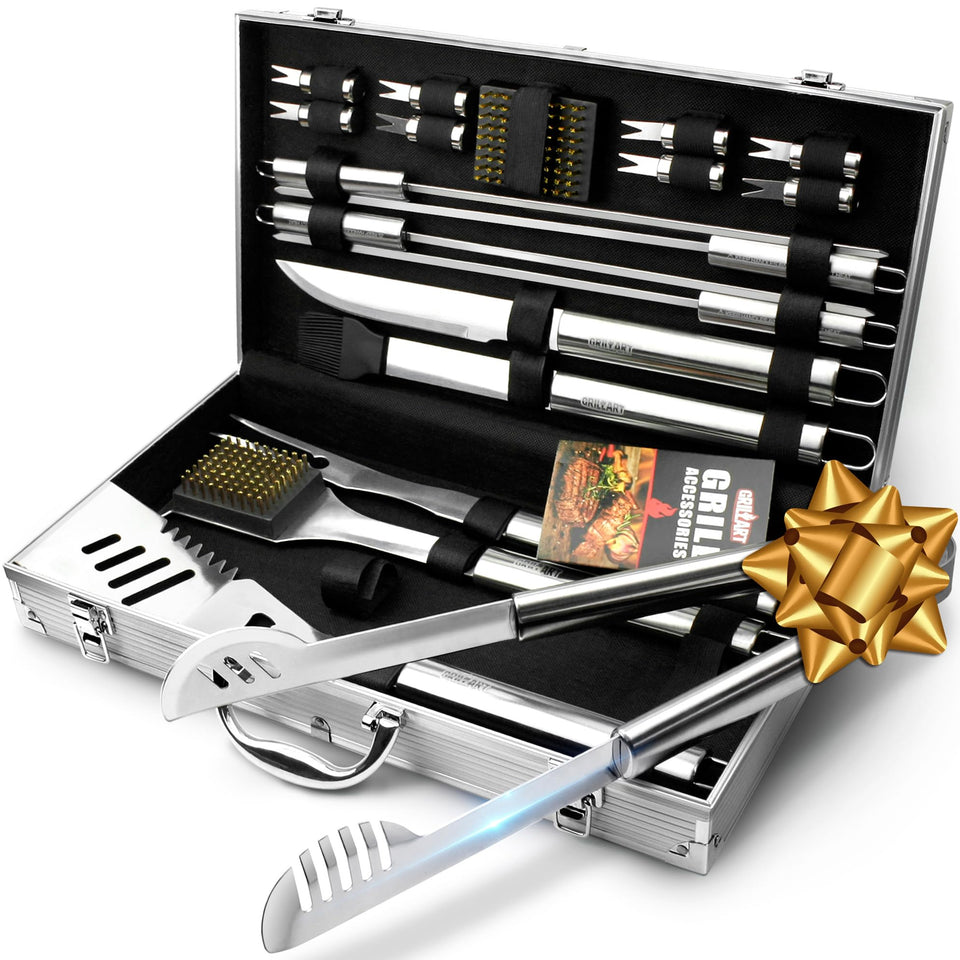 GRILLART complete kit with aluminum case, organized for portable grilling and easy storage