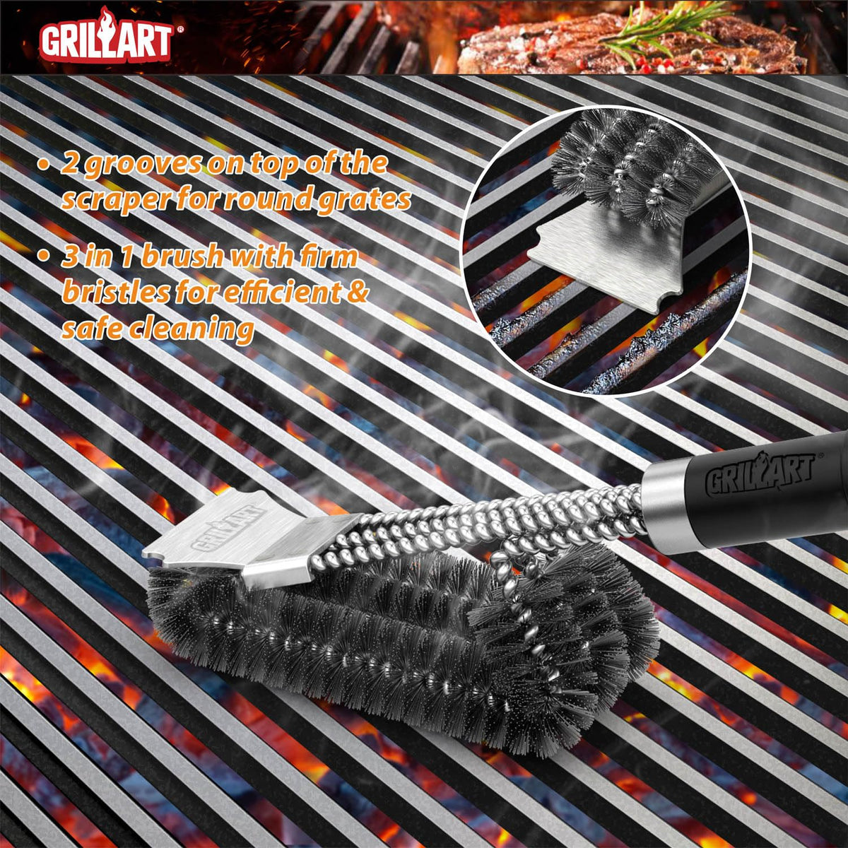GRILLART deluxe handle delivers ergonomic grip during cleaning