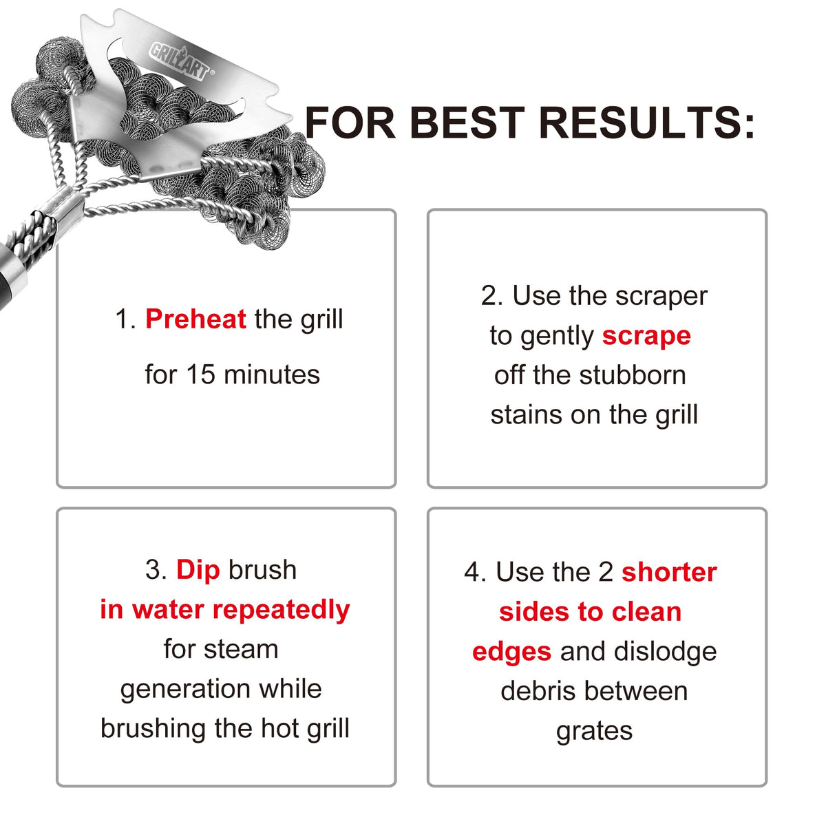 Durable stainless steel grill cleaner resists rust on all grills