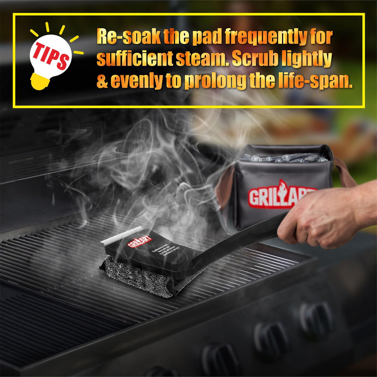 GRILLART ergonomic long-handle offers comfortable grip during cleaning.