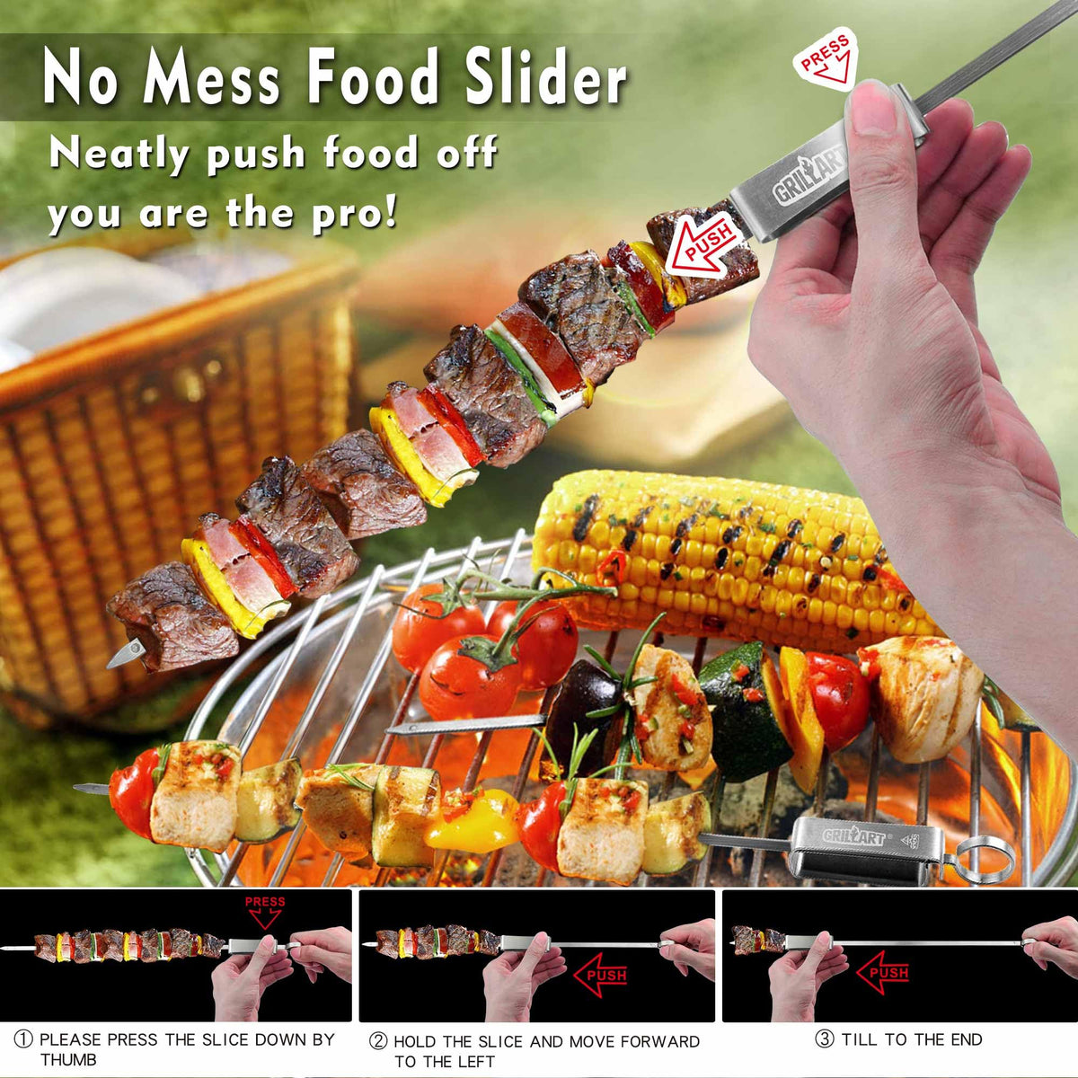 GRILLART flat stainless steel skewers prevent rotation for even cooking