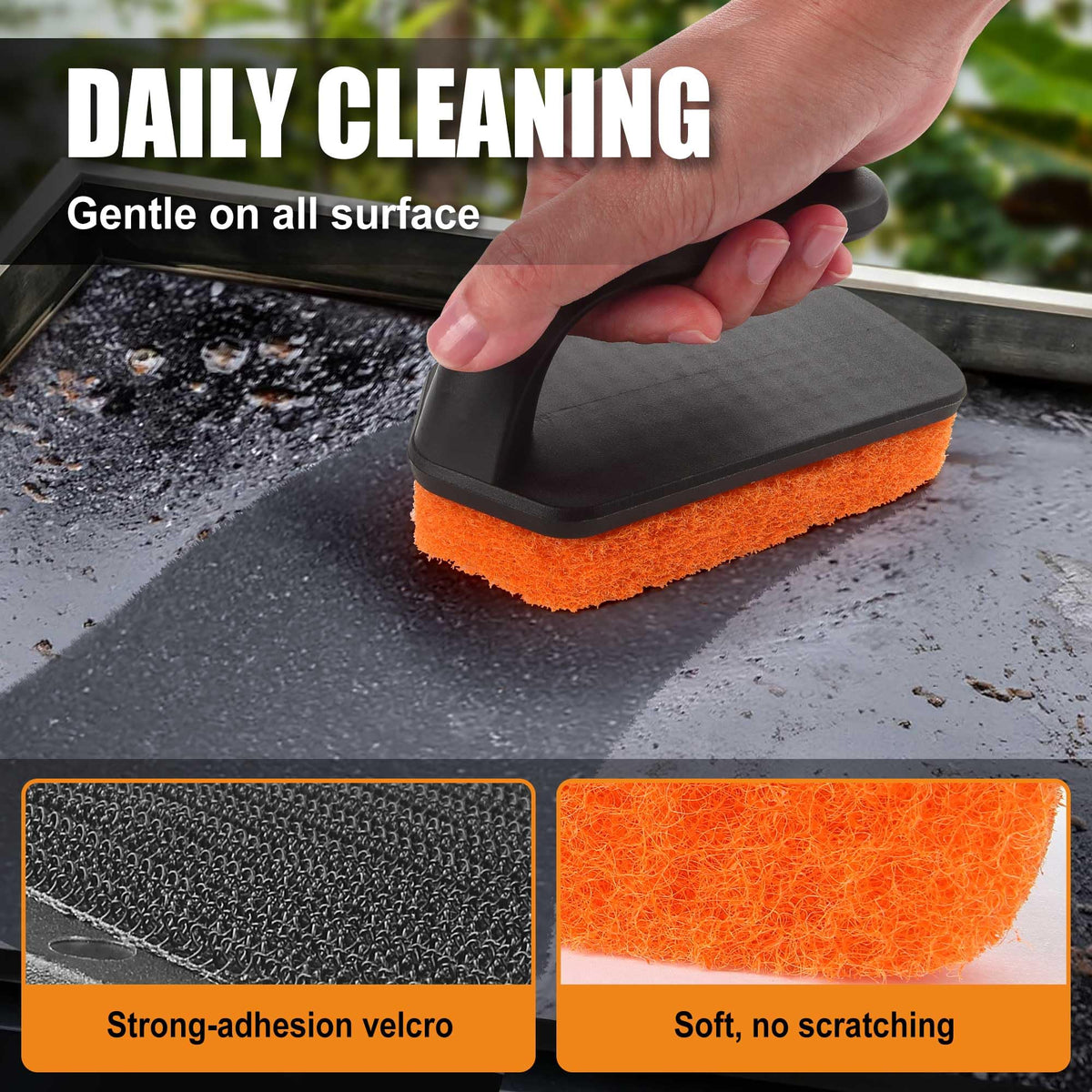 GRILLART scouring pads are gentle on surfaces while lifting grime