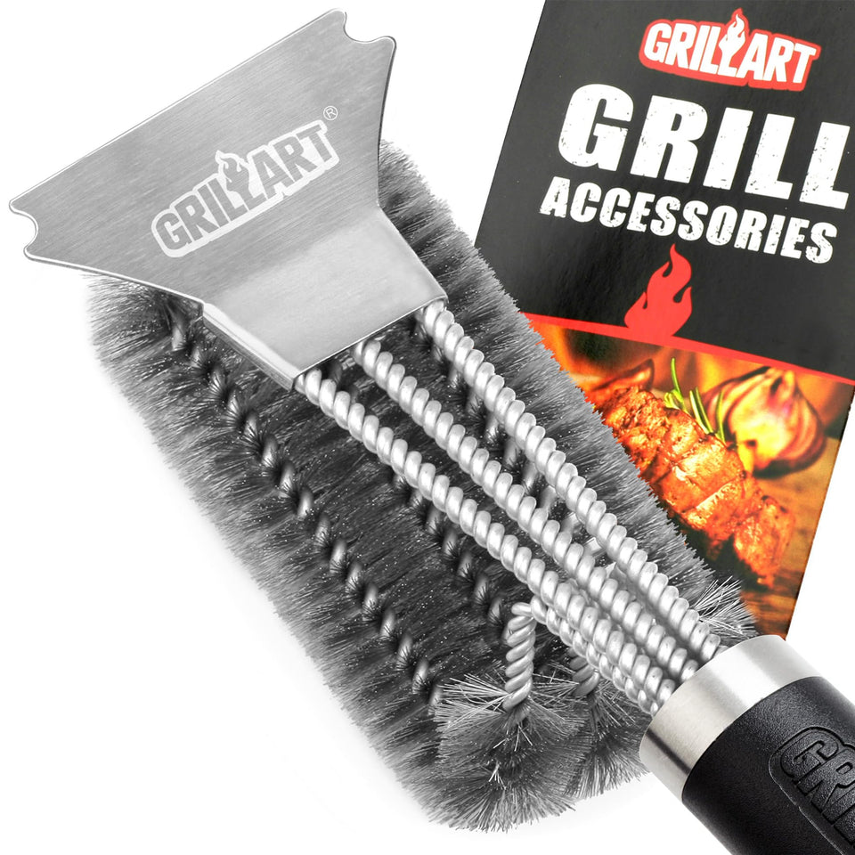 GRILLART grill brush with 18-inch handle for safe, thorough cleaning.