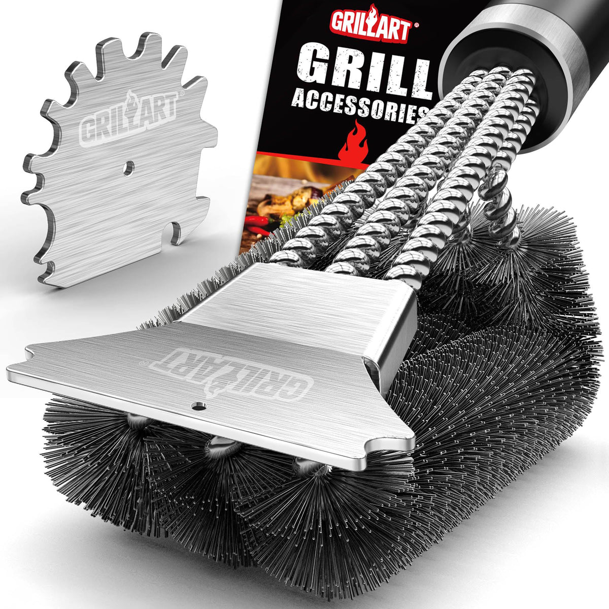 GRILLART Grill Brush with 360-degree heads for quick, thorough cleaning.