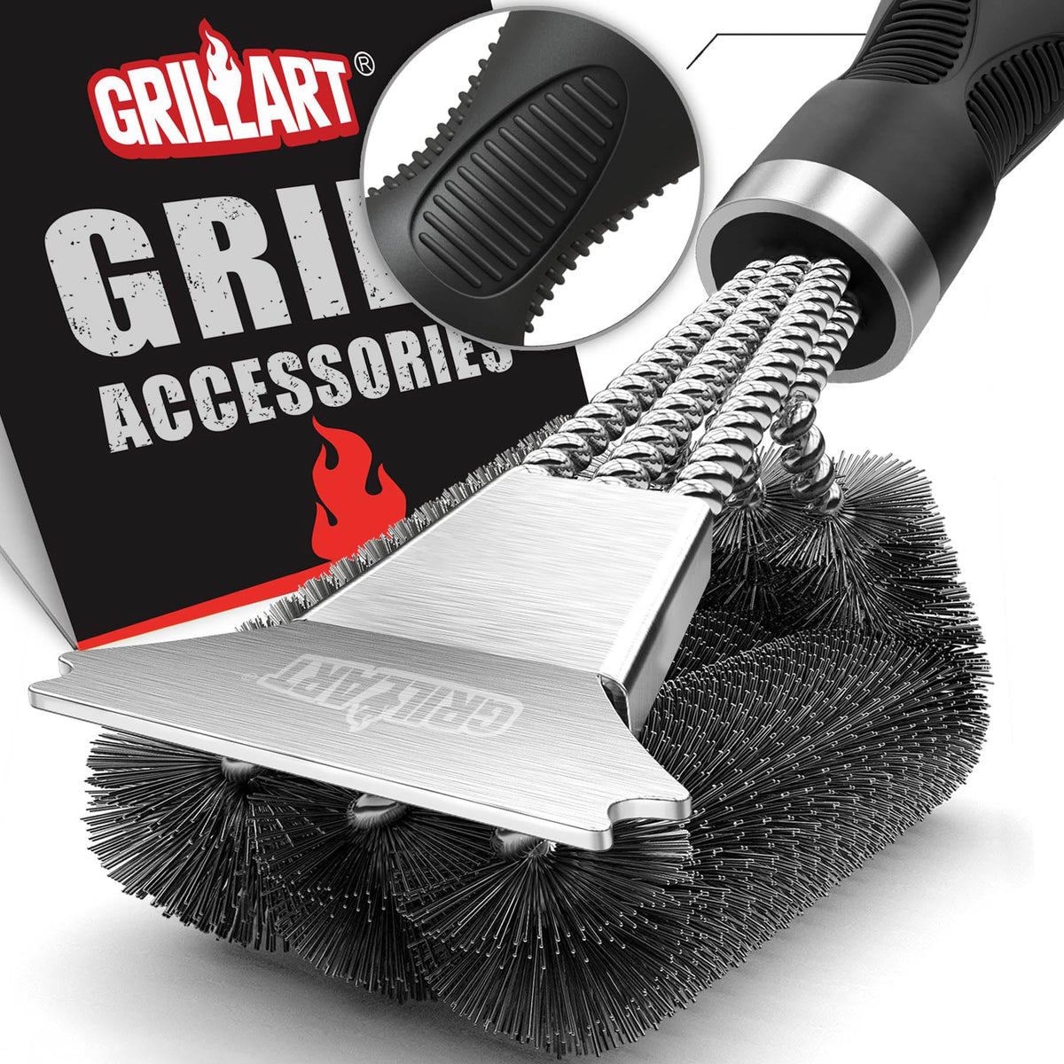 GRILLART grill brush and scraper with 18-inch handle for safer reach