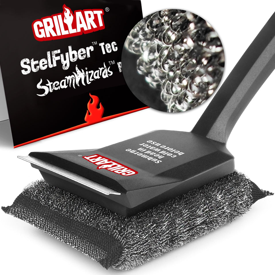 GRILLART grill brush SteamWizards in action delivering fast, bristle-free cleaning.