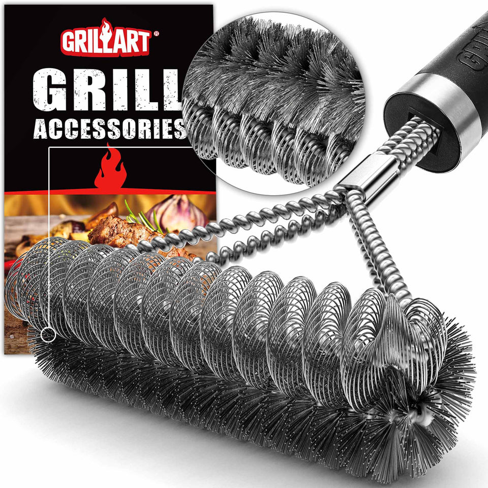 GRILLART wire-helix 18in grill brush for thorough, safe de-scaling.
