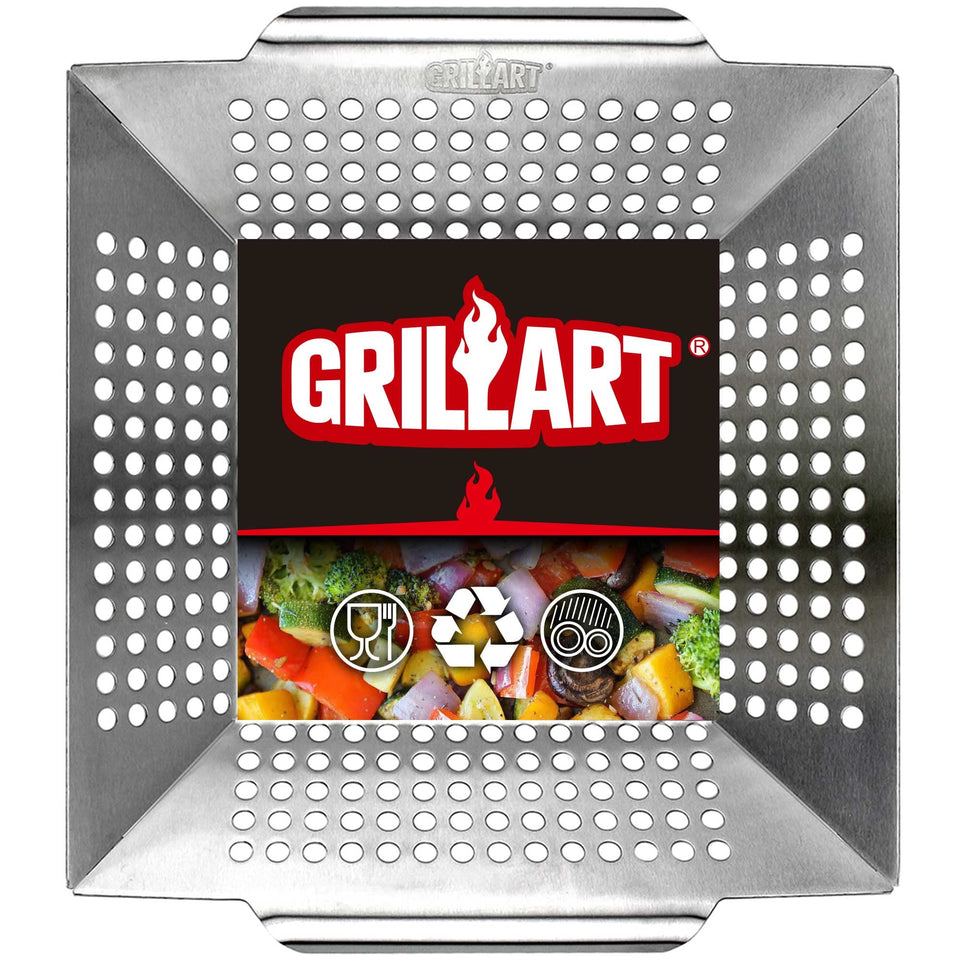 GRILLART heavy-duty grill basket angled view for safe, fast outdoor grilling
