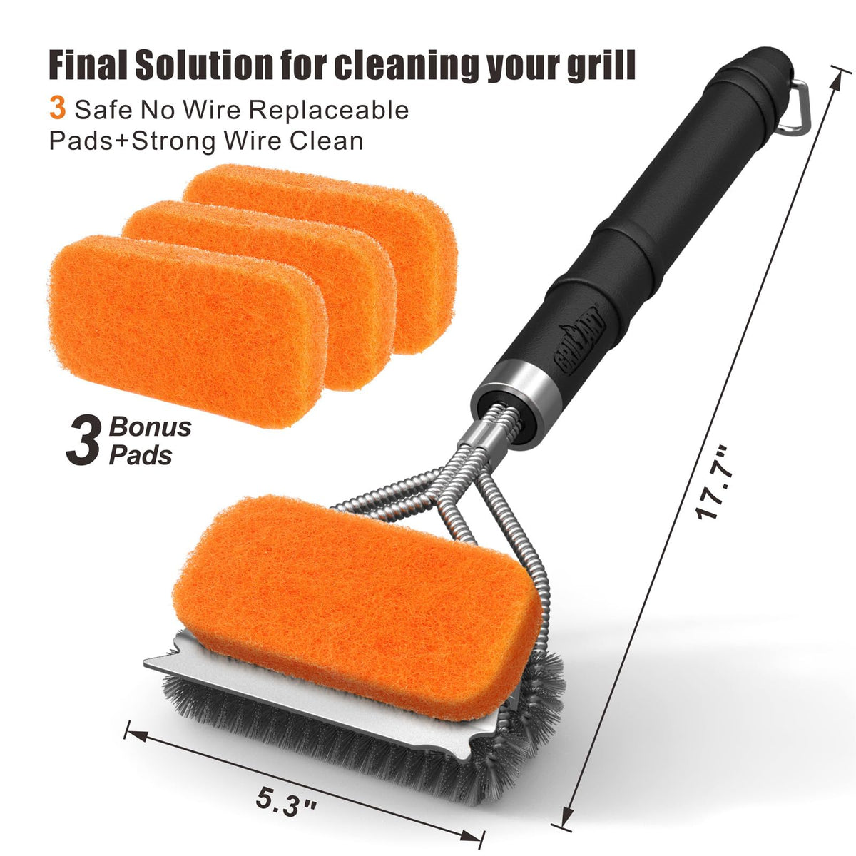 GRILLART replaceable scrub pad backs the scraper for continued performance.