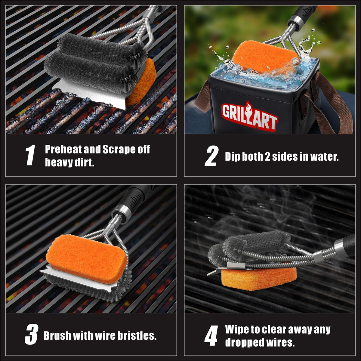 GRILLART replaceable scrub pads ensure ongoing scrubbing power during cleanup.