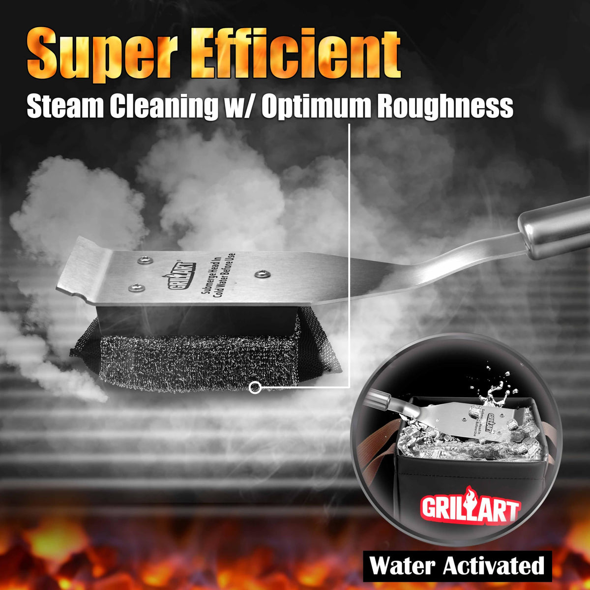 GRILLART Stainless-steel handle offers durable leverage during scrubbing.