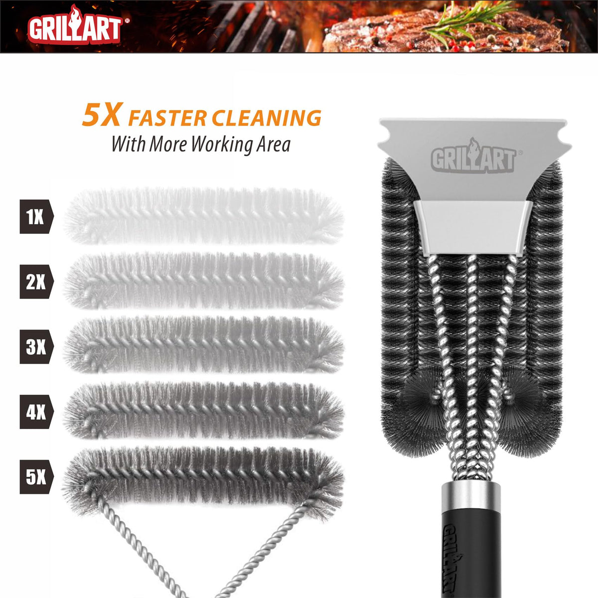 GRILLART heavy-duty scraper removes stubborn residue without scratching