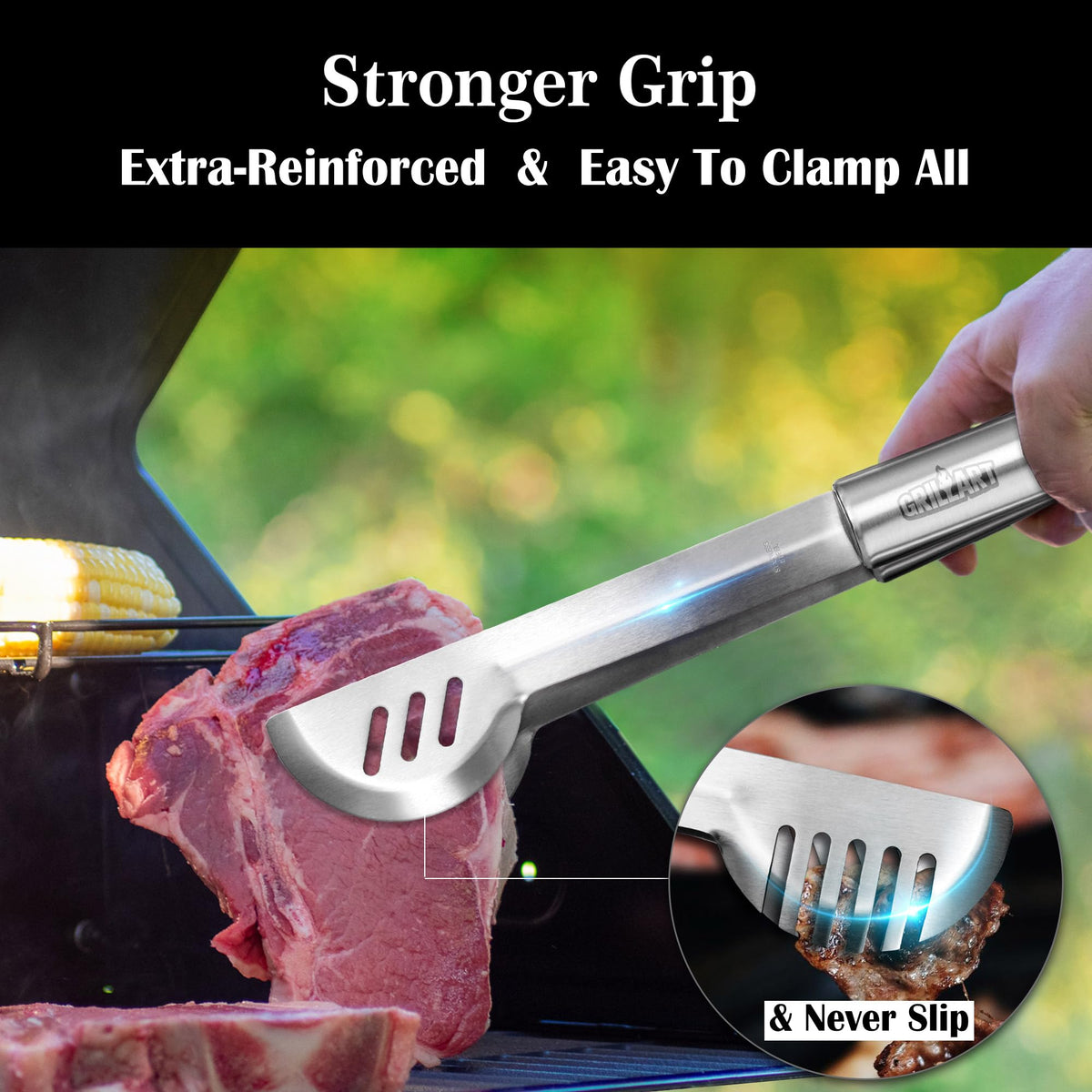 GRILLART stainless steel tongs providing secure grip on grilled foods