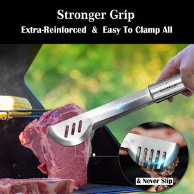 GRILLART stainless steel tongs providing secure grip on grilled foods