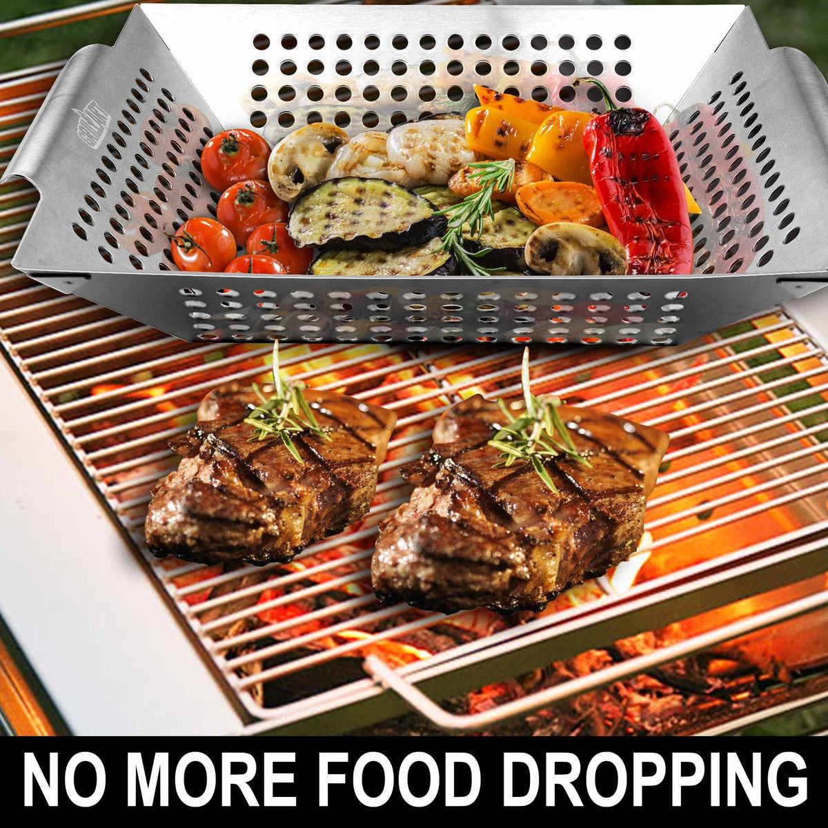 GRILLART stainless steel vegetable basket close-up shows perforations for even cooking